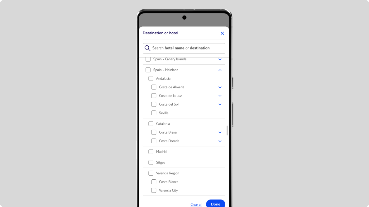 Mobile screen, showing the updated destination hierarchy in the search panel