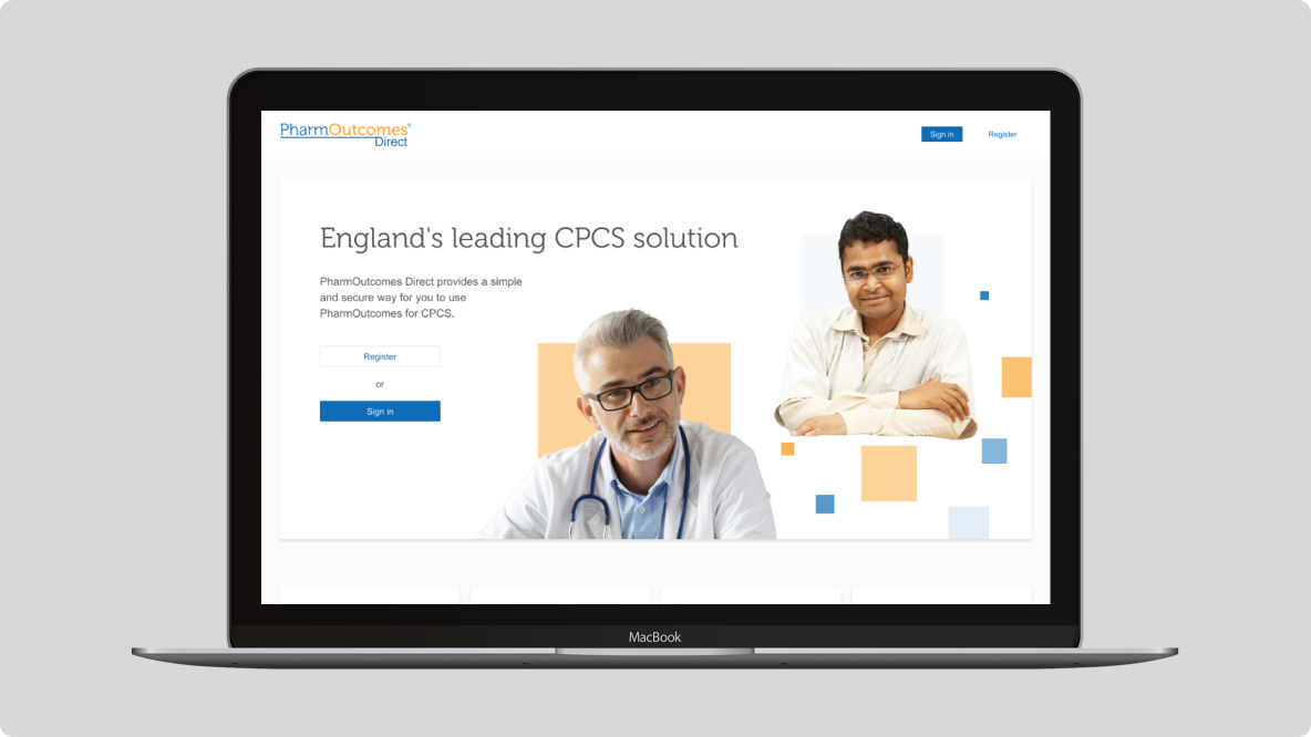 Laptop showing the homepage for PharmOutcomes Direct